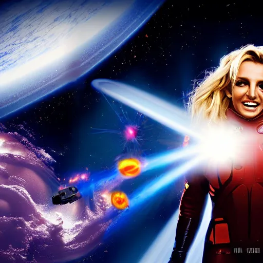 Image similar to of a dynamic movie poster of britney spears as a hero sci fi space cosmonaut holding a raygun in a nice action pose, there is an explosion on the background of a space station blowing britney's hair and lighting her with a rim light, she is laughing, f 2. 8, advertising studio lighting,