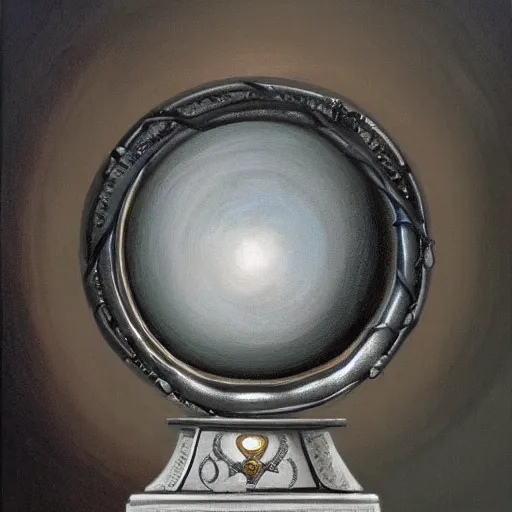 Image similar to in the center lays an ancient chromed artifact in the shape of a heavy ring seen from across the room, ornate with gentle shine from within. the ring lays on display on top of a marbled pedestal. the pedestal is in front of a dark misty balcony at night. beautiful lighting. dark moody fantasy art, realistic still life renaissance pastel painting.