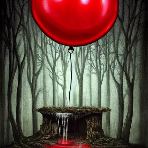 Image similar to grunge painting of a waterfall with a wide smile and a red balloon by chris leib, loony toons style, pennywise style, corpse bride style, creepy lighting, horror theme, detailed, elegant, intricate, conceptual, volumetric light