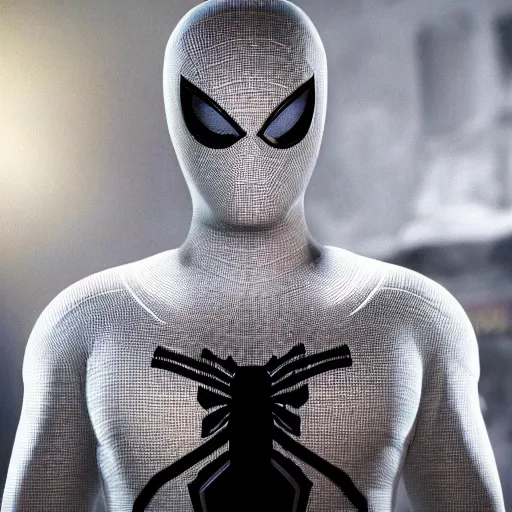 Prompt: white spider - man suit with black web lining, cinematic, volumetric lighting, realistic, hyperdetailed, photorealistic, photograph