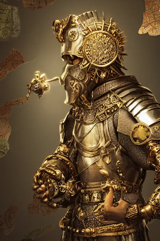 Prompt: hyperdetailed matte illustration of a knight wearing an ornate gold headpiece and holding a flower with a map of the collective subconscious in the background by octane render