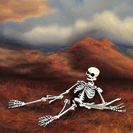 Prompt: alive skeleton painting a landscape with brushes