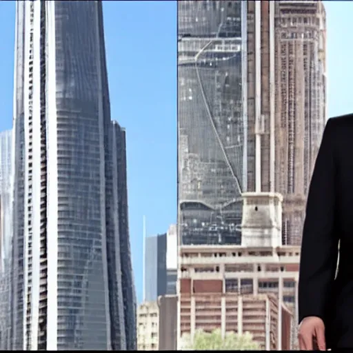 Prompt: Clean-shaven Jon Favreau as Happy Hogan wearing a black suit and black necktie and black dress shoes is climbing up a tall building in an urban city.