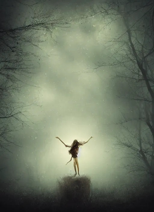 Image similar to an angry girl floating in the sky at night giving a creepy feel, the girl is screaming, dark background, fog, forest, horror, extremely realistic and highly detailed, soft light, gold ratio