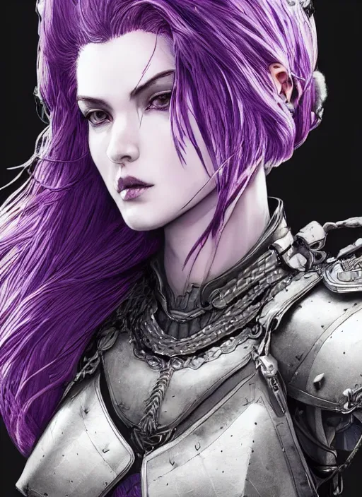 Prompt: close up portrait of a pale woman in leather armor with purple hair, powerful, domineering, stoic, masterful, intense, ultrafine hyperdetailed illustration by kim jung gi, irakli nadar, intricate linework, sharp focus, octopath traveler, yoji shinkawa, highly rendered, detailed, concept art