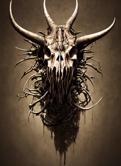 Image similar to portrait of realistic animal skull with long pointy alien horns, eerie glowing eyes, wall hanging trophy taxidermy, hyper realistic head, volumetric lighting, fantasy art, in the style of greg rutkowski, burne hogarth, intricate, alphonse mucha, hyper detailed, smooth