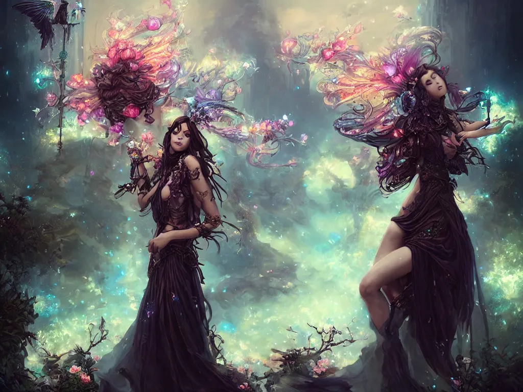 Prompt: a beautiful dark fire priestess fairy in a cyberpunk garden with cloud flowers, elegant pose, realistic illustrative painting, artgerm, visionary arts, huang guangjian