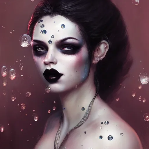 Prompt: a beautiful portrait of kerli koiv with bubble goth makeup, a detailed painting by greg rutkowski and raymond swanland, featured on cgsociety, fantasy art, detailed painting, artstation hd, photorealistic