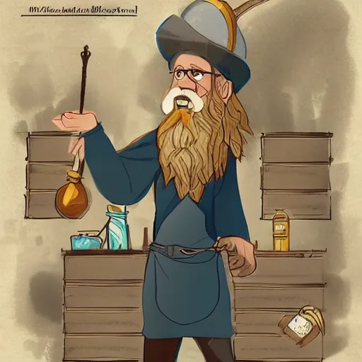 Image similar to man_mage Character art of a D&D wizard doing magic in his laboratory, with a blond beard and curly hair and a wide-brimmed straw hat, concept art, digital art