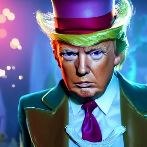 Image similar to portrait of donald trump as willy wonka in morrowind, fantasy, warcraft, warhammer, splash art, movie still, cinematic lighting, dramatic, octane render, long lens, shallow depth of field, bokeh, anamorphic lens flare, 8 k, hyper detailed, 3 5 mm film grain