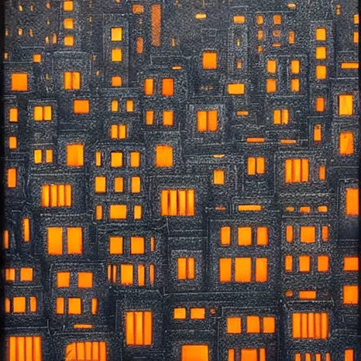 Image similar to Print. A beautiful, but eerie, illustration of a cityscape at night. The buildings are all tall and thin, and they are lit up by a strange light. The sky is deep and dark and there are no stars to be seen. DayGlo orange, ivory by Anne Geddes ghastly