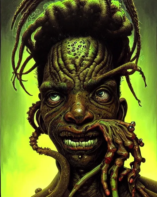 Image similar to lucio from overwatch, dreadlocks, frog like, character portrait, portrait, close up, concept art, intricate details, highly detailed, horror poster, horror, vintage horror art, realistic, terrifying, in the style of michael whelan, beksinski, and gustave dore