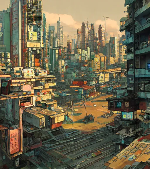 Prompt: robot standing in futuristic slum cityscape, korea, japan, tekkonkinkreet, ghost in the shell, akira, favela, moebius, volumetric lighting,