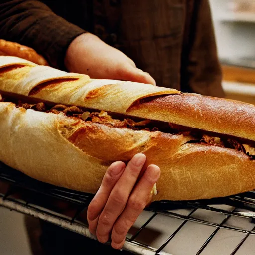 Image similar to closeup portrait baker constricted by a baguette as he tries to fight it back into the oven, by Steve McCurry and David Lazar, natural light, detailed face, CANON Eos C300, ƒ1.8, 35mm, 8K, medium-format print