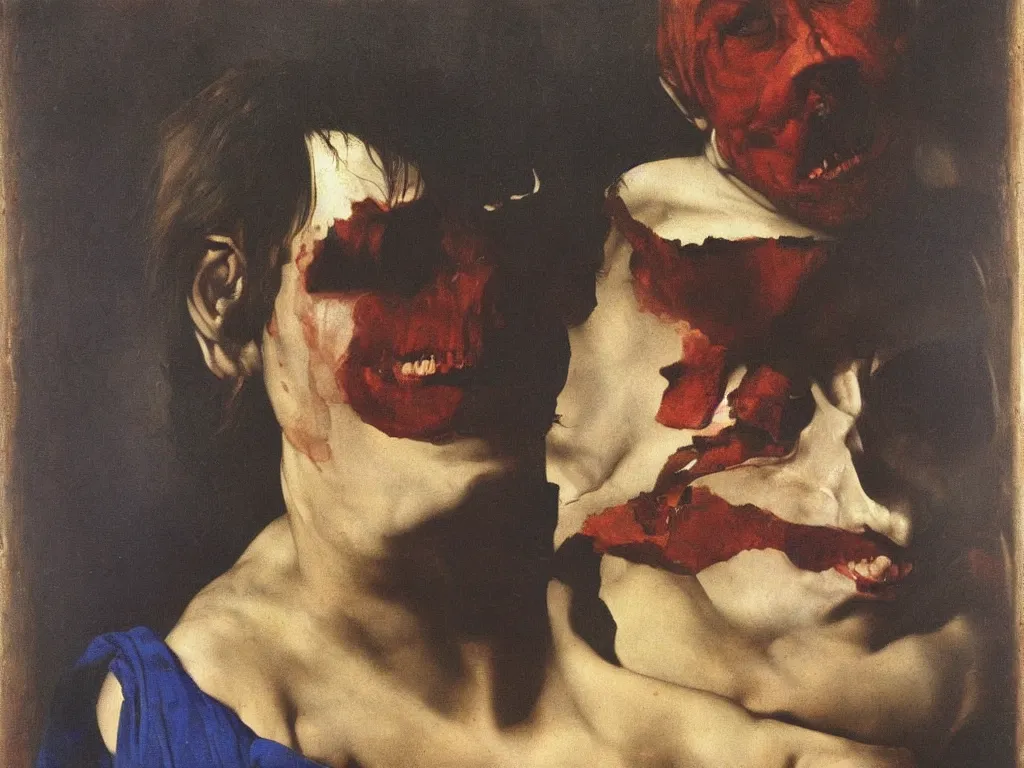 Prompt: Portrait of a lapis lazuli painted cannibal. Painting by Caravaggio, August Sander