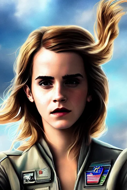 Image similar to a selfie of Emma Watson in the movie: Top Gun: Maverick, fantasy, intricate, young and cute girl, highly detailed, digital painting, artstation, concept art, smooth, sharp focus, illustration