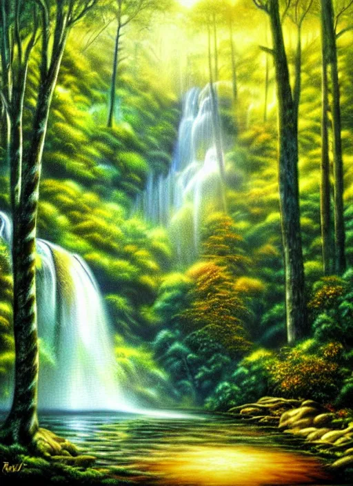 Image similar to waterfall in a forest, an airbrush painting by terry redlin, deviantart, metaphysical painting, airbrush art, detailed painting, oil on canvas