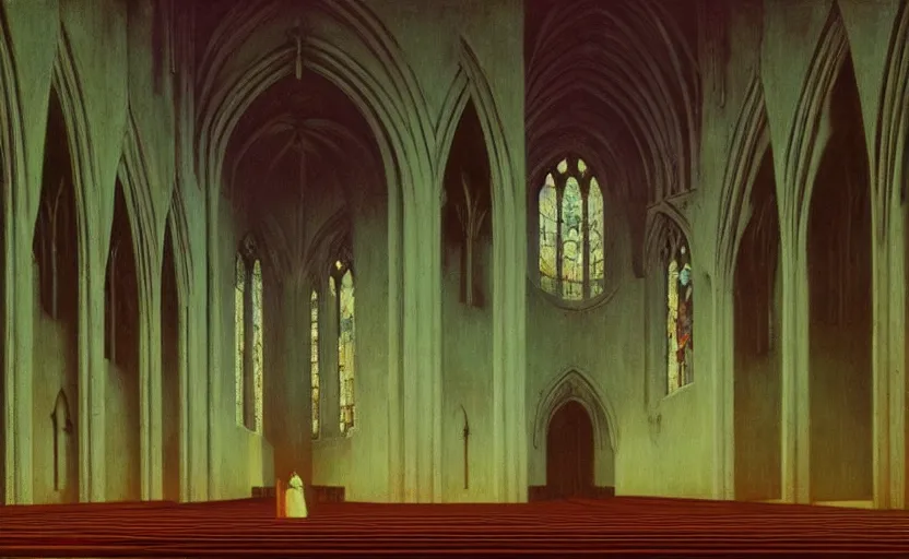 Prompt: Inside a gothic church, Edward Hopper and James Gilleard, Zdzislaw Beksinski, Mark Ryden, Wolfgang Lettl highly detailed, hints of Yayoi Kasuma