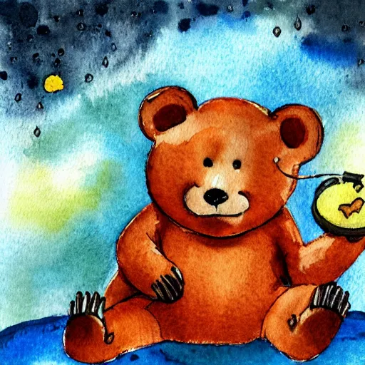 Prompt: a bear dreaming a thought bubble with a mouse in it, watercolor