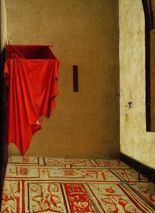 Image similar to red cloth of the floor, medieval painting by jan van eyck, johannes vermeer, florence