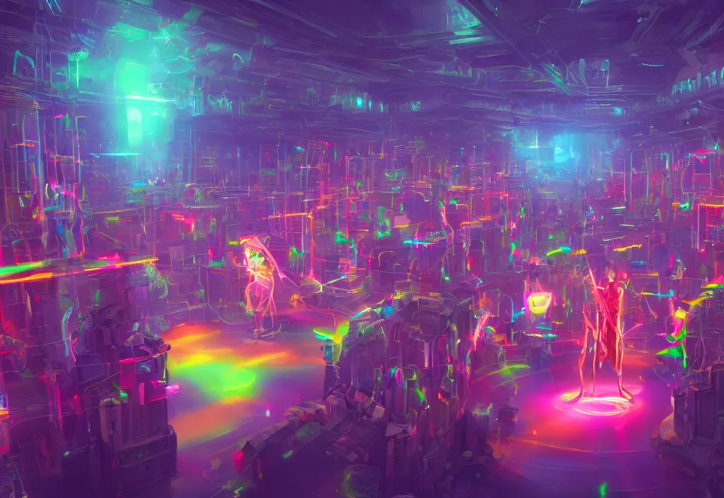 Prompt: a room full of confused wizards in their library playing with their new room sized magical glowing computers of magical energy, infinite hallways, bright neon rainbow light from magic entities, artstation, concept art, 8k octane