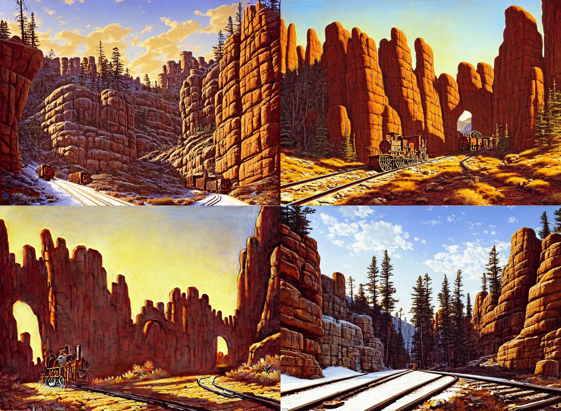 Image similar to entrance to wild west mine, rail tracks lead from the mine, a mine cart sits on the tracks, mine cart, sheer cliffs surround the scene, high elevation, sparse pine forest, dusting of snow, rock arches, long shadows, golden hour, wide angle, oil painting, albert bierdstadt