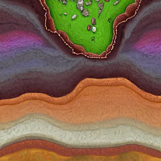 Image similar to a side profile of earth soil and rock layers, with hidden bones, gems and treasures, digital painting