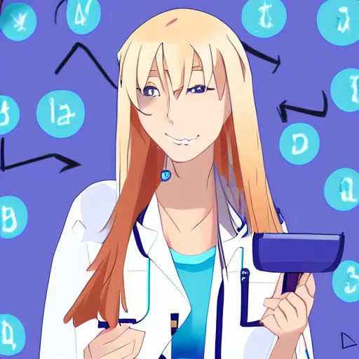 Image similar to A beautiful blonde female scientist, wearing a lab coat, in the style of anime, digital art