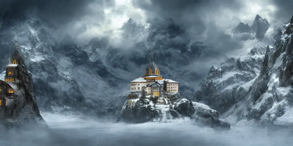 Prompt: A monastery on top of a snowy mountain surrounded by epic clouds by max schiller, cinematic, cinema lighting, ultra realistic, concept art, award winning