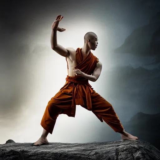 Image similar to full body pose, hyperrealistic photograph of a shaolin disciple manipulating thunder, dim volumetric lighting, 8 k, octane beautifully detailed render, extremely hyper detailed, intricate, epic composition, cinematic lighting, masterpiece, trending on artstation, very very detailed, stunning, hdr, smooth, sharp focus, high resolution, award, winning photo, dslr, 5 0 mm