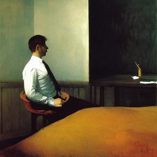 Image similar to some guy sitting in his small room looking at a computer screen. jamie wyeth greg rutkowski winslow homer thomas eakins lucian freud edward hopper j. m. w. turner edgar degas giorgio morandi peter doig oil painting