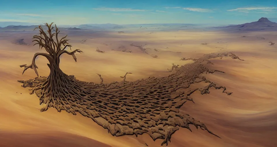 Prompt: A birdview landscape painting of a desert with enormous skeleton of a fallen giant holding its club, giant body laying in the dust with arching limbs, large dunes and sand being blown away by the wind, soothing colors, cgartists trending, by artists Shaddy Safadi and Noah Bradley