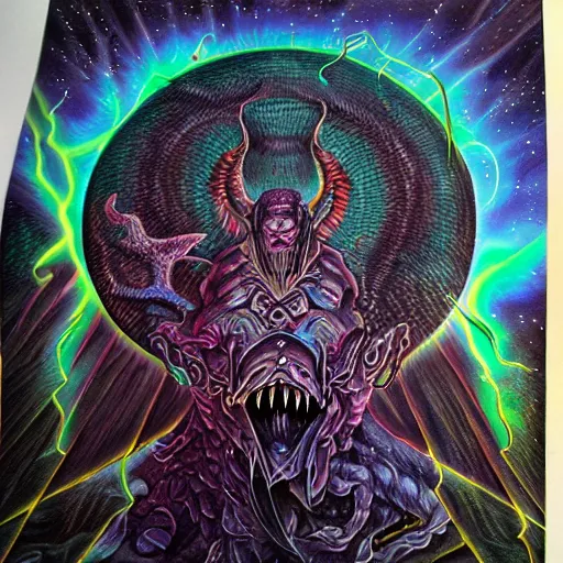 Prompt: marduk, devourer of worlds, detailed airbrush ink art in dark and muted colors art by moebius on dmt and shrooms