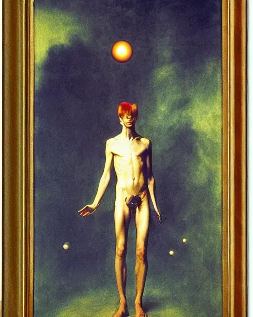 Prompt: david bowie as a ziggy stardust levitating and surrounded by transcendental light by jean auguste dominique ingres, luminous orbs, labyrinthine, sacred, mystical