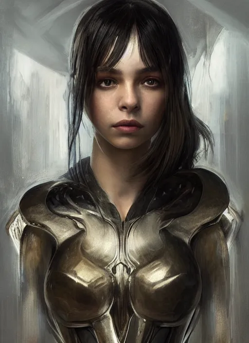 Image similar to a professional painting of a beautiful young female alien, clothed in ethereal armor, olive skin, long dark hair, beautiful bone structure, symmetrical facial features, intricate, elegant, digital painting, concept art, smooth, sharp focus, illustration, from Valerian and the City of a Thousand Planets, by Ruan Jia and Mandy Jurgens and Artgerm and William-Adolphe Bouguerea