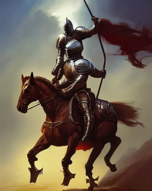 Prompt: a knight in armor on a thick strong horse by mike allred and frazetta and karol bak sharp digital painting. dreaming latent space. matte painting, concept art. artstation. digital render. realistic, 8 k