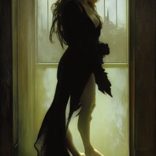 Prompt: hyperrealistic portrait of a woman as amber heard as a vampire witch in a black coat closing a window with a mysterious grin. by jeremy mann and alphonse mucha, fantasy art, photo realistic, dynamic lighting, artstation, poster, volumetric lighting, very detailed faces, 4 k, award winning