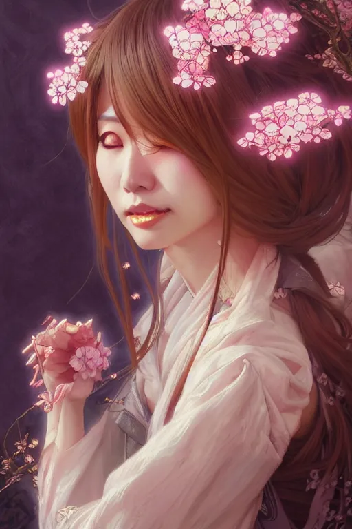 Image similar to Portrait of japanese gyaru, D&D, dark fantasy, sakura blooming on background, intricate, elegant, highly detailed, digital painting, artstation, concept art, smooth, sharp focus, illustration, art by artgerm and greg rutkowski and alphonse mucha