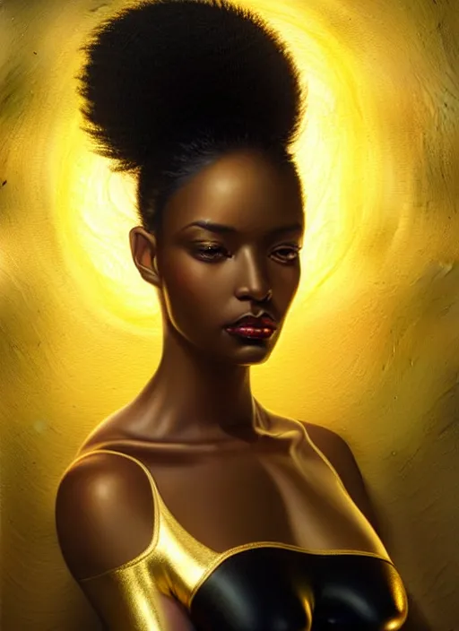 Image similar to a gorgeous black woman oil painting, soft lighting, wearing shiny gold catsuit, illuminated only by floating, glowing alien symbols, realistic, smooth face, perfect eyes, wide angle, sharp focus on eyes, 8 k high definition, insanely detailed, intricate, elegant, art by artgerm, livia prima and wlop