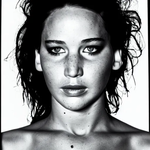 Image similar to Jennifer Lawrence tripping hard. Close-up studio portrait by Robert Mapplethorpe. Tri-x.