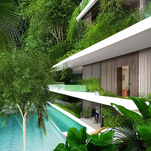 Prompt: modern house, surrounded by a lush jungle, hyper realistic, photo real,