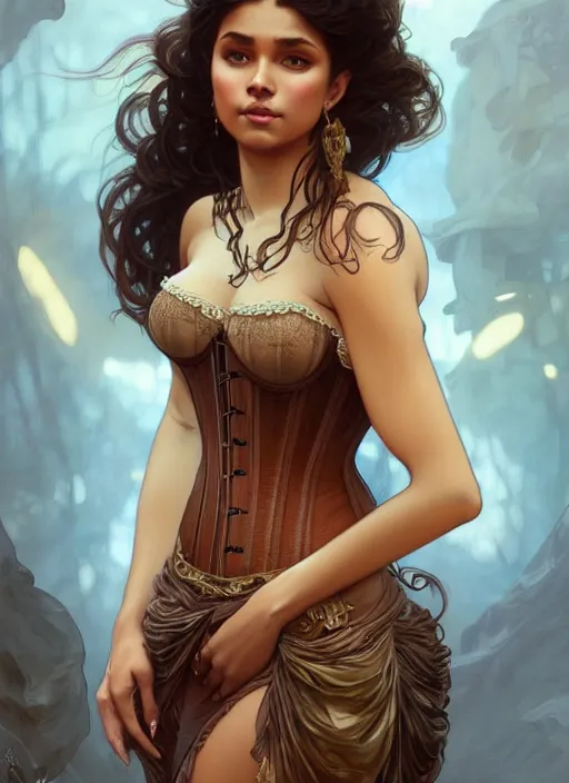 Image similar to cute brown woman wearing a translucent corset dress, fantasy, intricate, highly detailed, digital painting, artstation, concept art, wallpaper, smooth, sharp focus, illustration, art by artgerm and greg rutkowski and alphonse mucha