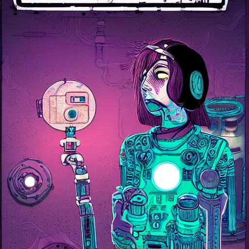 Prompt: ancient technology relic with glowing parts in the dark, by harumi hironaka and laurie greasley