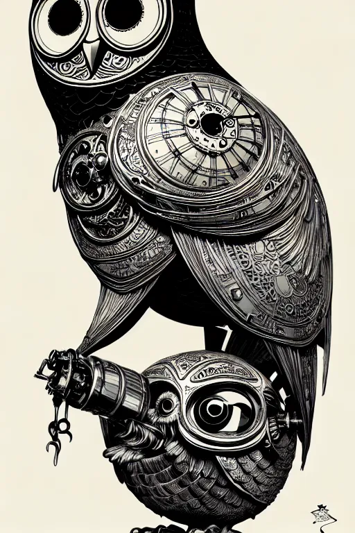 Image similar to side view of a ancient alchemist steampunk owl, high details, lineart, by vincent di fate and joe fenton,, inking, screen print, masterpiece, trending on artstation, sharp, high contrast, hyper - detailed, hd, 4 k, 8 k