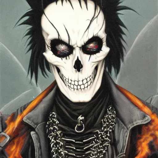 Image similar to a portrait of the grim reaper as a punk rocker playing an electric guitar, punk, skeleton face, mohawk, dark, fantasy, leather jackets, spiked collarsand wristbands, piercings, boots, ultrafine detailed oil on canvas painting by frank frazetta and vito acconci and and takeshi obata, death note style, symetric body, sharp focus