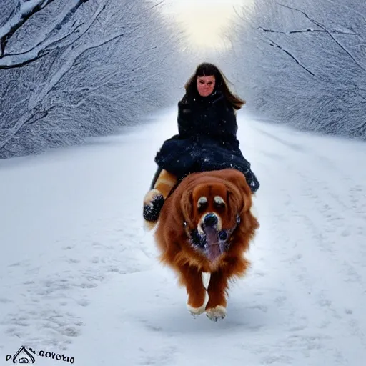 Image similar to girl riding giant Bernese Mountain Dog in the park, snow, trending on artstation
