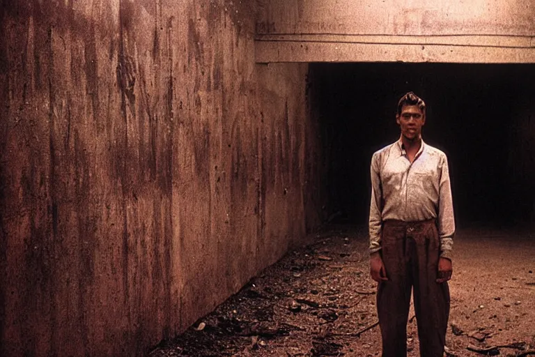 Image similar to a cinematic!! headshot photograph!! of a male, stood in a factory, dirt, film still, cinematic lighting, by bill henson