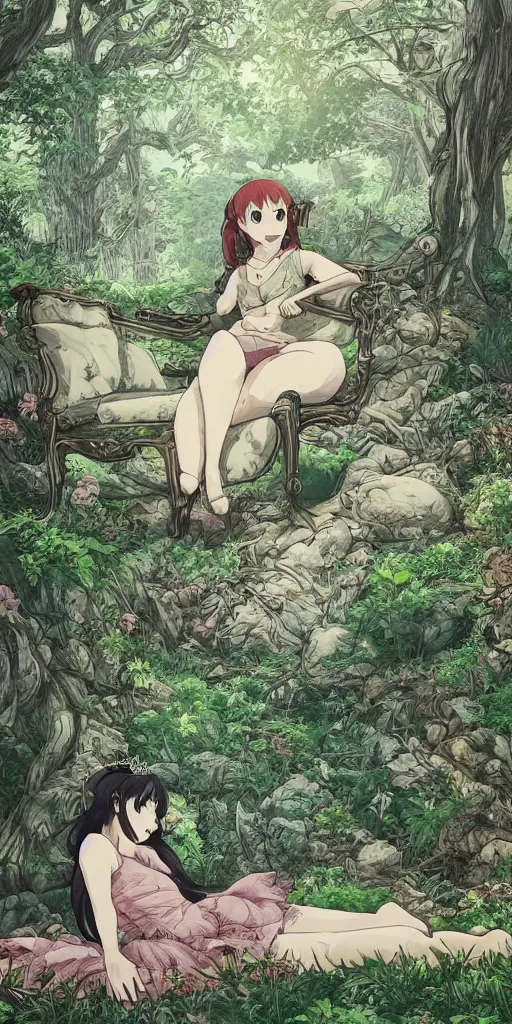 Image similar to landscape shot of a highly detailed queen sitting by herself on a sofa in a forest, drawn by CloverWorks, elegant, beauty, fine linework