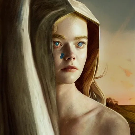 Prompt: Elle Fanning in the painted world of Halo 2, head and shoulders masterpiece, apocalypse, golden hour, cosmic horror, artstation, in the style of Andrew Wyeth and Edward Hopper and Bosch, extremely detailed