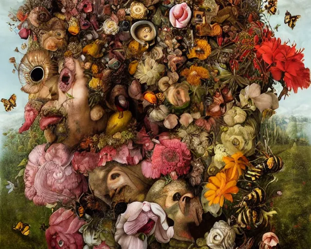 Image similar to A beautiful detailed existential horror portrait painting 'The Godes of nature' by Giuseppe Arcimboldo, flowers bees and birds everywhere, Trending on cgsociety artstation, highly detailed, 8k, masterpiece, in the style of DiscoDiffusion.